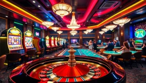 Experience the thrill of gaming at NEO79 casino with a lively roulette wheel and vibrant slot machines.