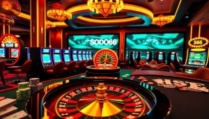 Experience high-stakes gaming with SODO66, featuring elegant poker tables and vibrant slot machines.