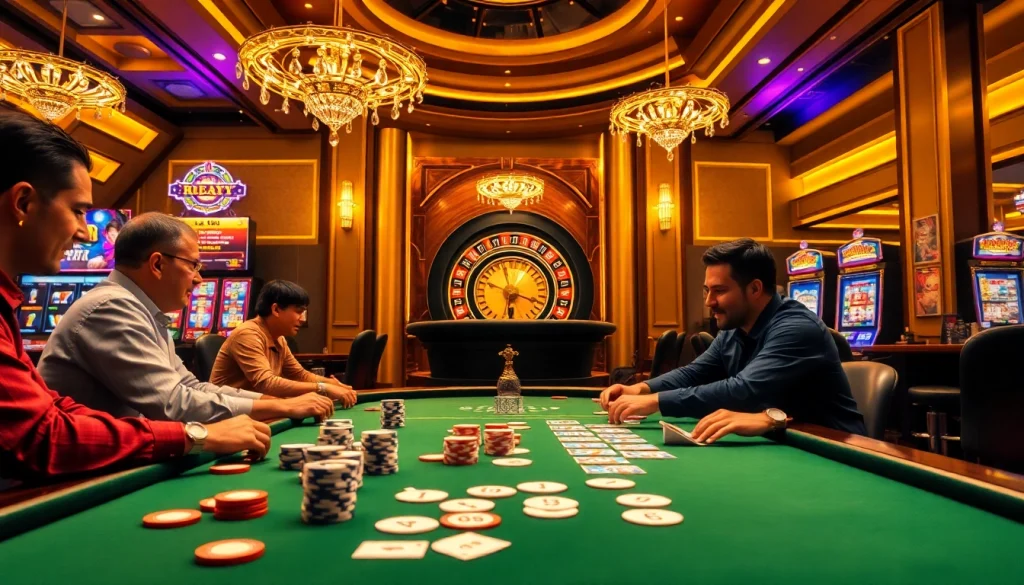 Players enjoying a thrilling game at RR88 poker table in an elegant casino.