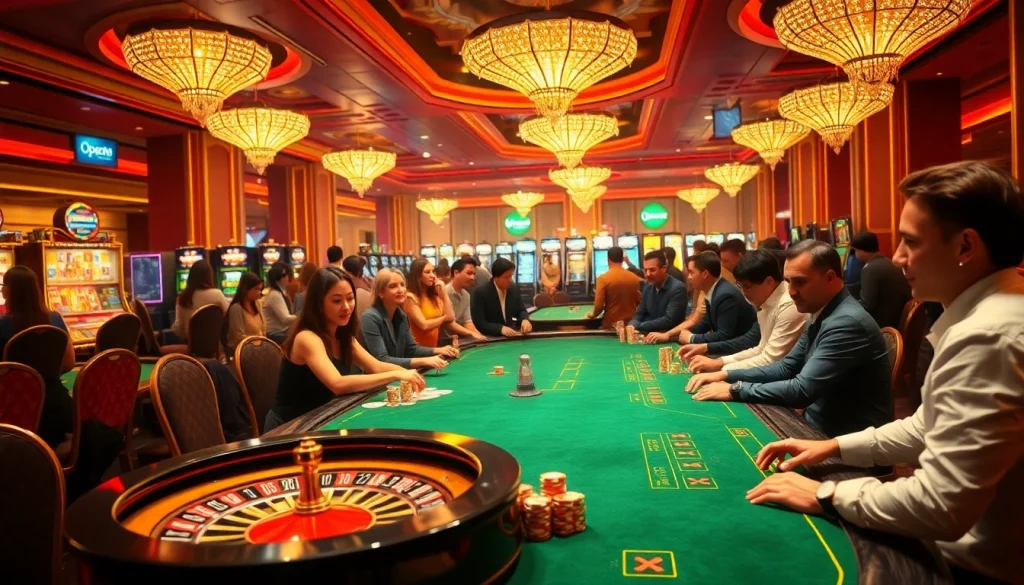 Exciting casino scene showcasing OPEN88 with poker tables, slots, and roulette wheels.