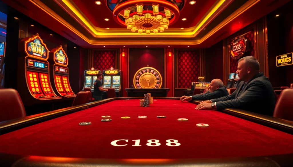 Engage in C168's thrilling casino experience at a luxurious poker table with vibrant slot machines.
