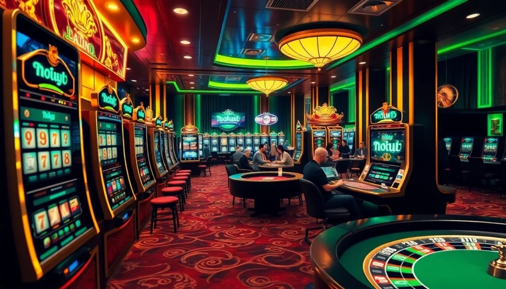 Nohu-themed online casino scene showcasing poker tables and vibrant slot machines.