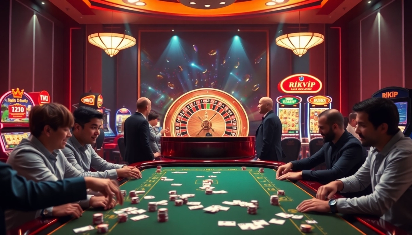 Players placing bets on a vibrant Rikvip casino table, featuring roulette and slot machines.