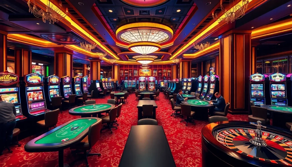 Players enjoying thrilling games in a SODO casino with glamorous lighting and vibrant tables.