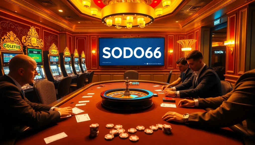 SODO66 players engaged in an intense poker game, surrounded by luxurious casino aesthetics and vibrant slot machines.