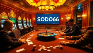 SODO66 players engaged in an intense poker game, surrounded by luxurious casino aesthetics and vibrant slot machines.