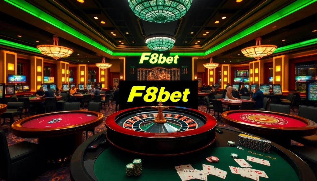 Exciting gameplay at F8bet casino featuring roulette wheel and vibrant gaming tables.