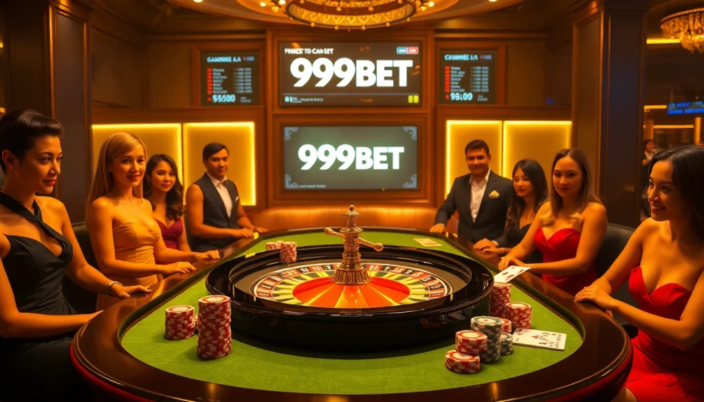 Players engaging at the 999BET roulette table, showcasing vibrant poker chips and cards.
