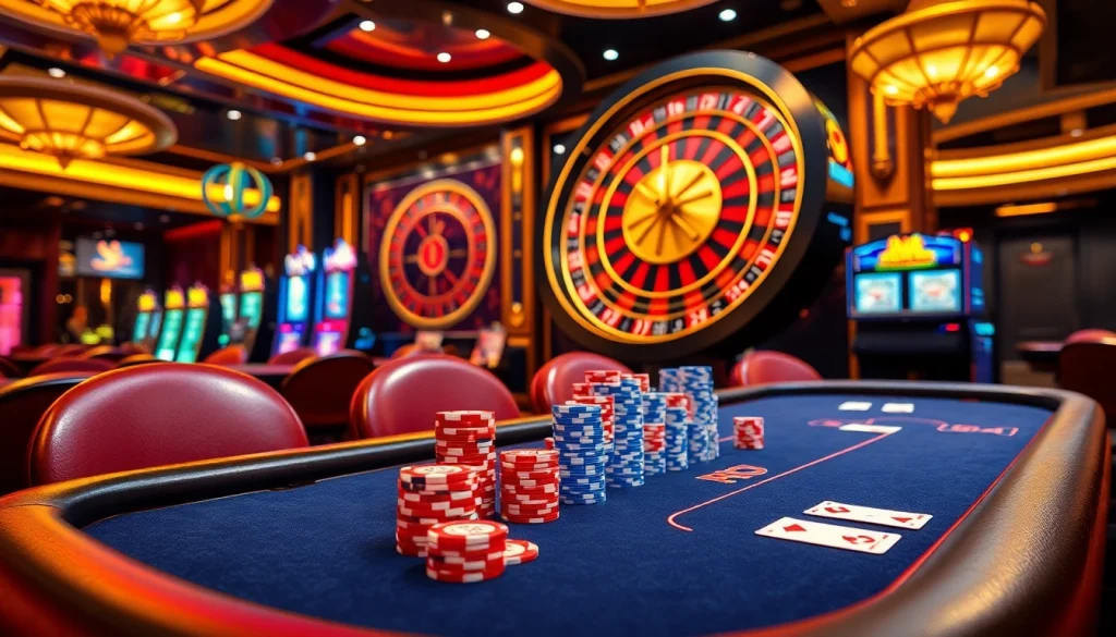 Experience the thrill of PXJ gaming at a glamorous casino with vibrant poker tables and roulette wheel.