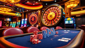 Experience the thrill of PXJ gaming at a glamorous casino with vibrant poker tables and roulette wheel.