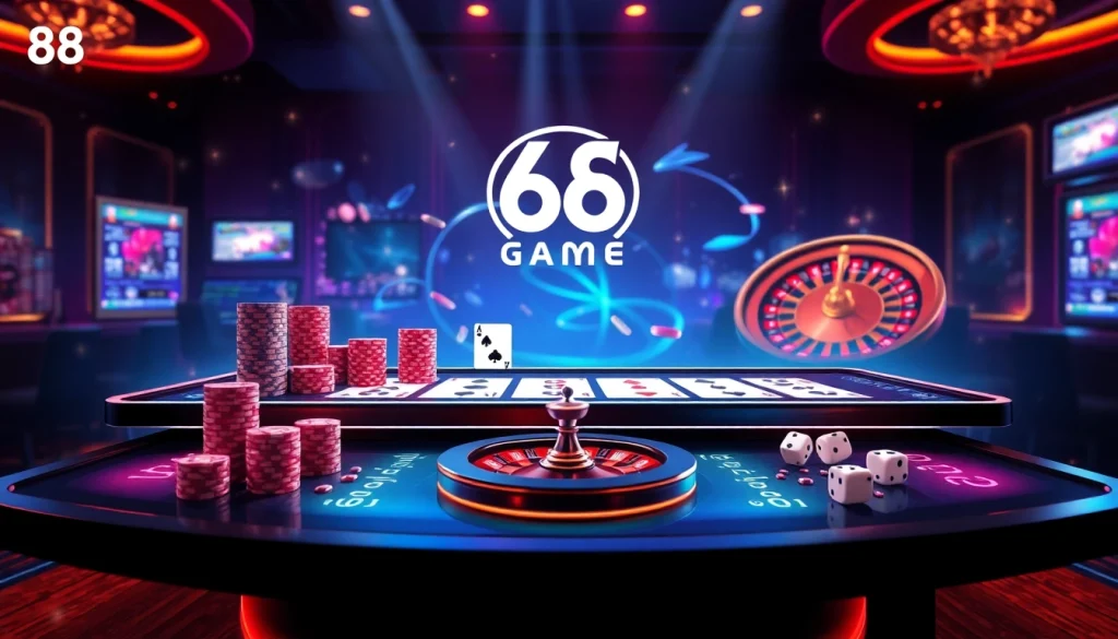 Experience the thrill of 68 Game Bài with engaging casino elements like poker chips and roulette wheels.
