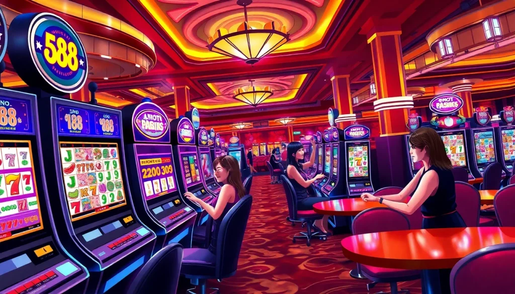 Players excitedly engaging with vibrant slot 88 machines in a luxurious casino setting.