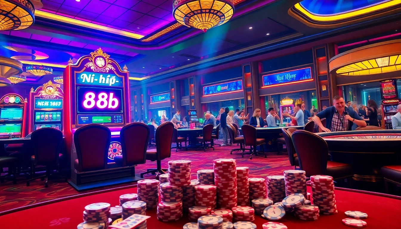 Nổ hũ 68gb slot machine surrounded by excited players at a luxurious casino.