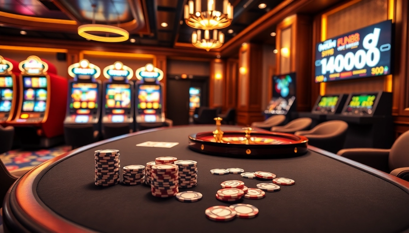 Experience luxury gaming at Fun88 casino with vibrant slot machines and a high-stakes poker table.