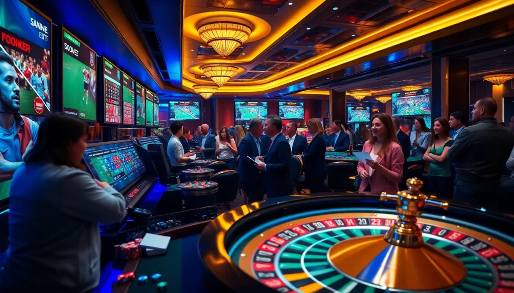 Enjoying thrilling แทงบอล action in a well-lit casino sports betting area.