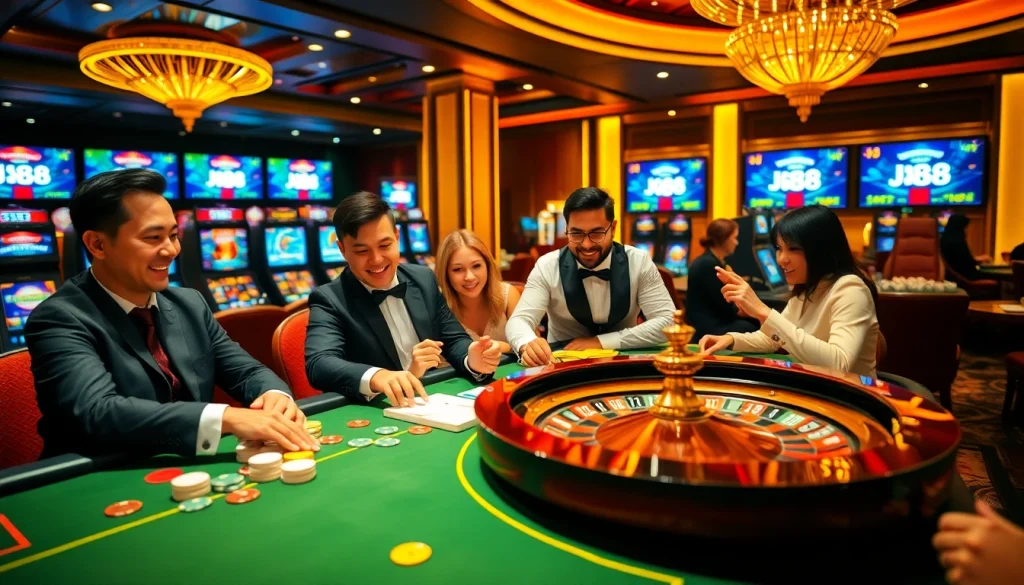 Casual players enjoy the vibrant atmosphere of J88 casino, engaging in thrilling games with poker chips and cards.