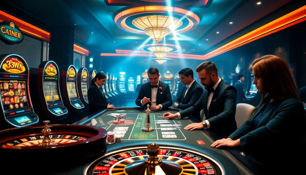 Engaging gambling scene at 33WIN trang chủ featuring exciting poker action and vibrant slot machines.