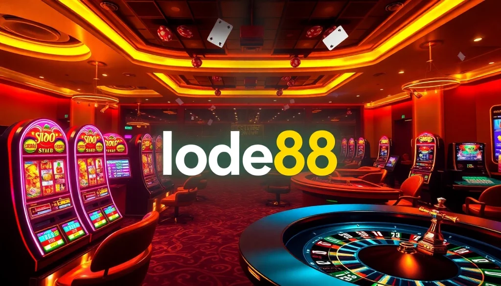 Lode88 players engaging with high-stakes online gambling interface featuring vibrant casino elements.
