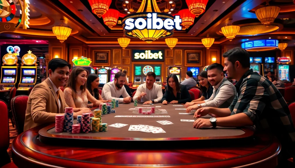 Players enjoying an exciting game of poker at Soibet casino with vibrant chips and cards.