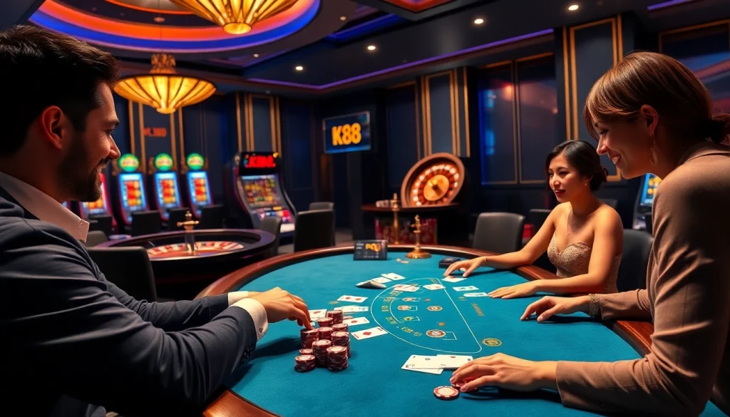 K88 players engaging at a luxurious blackjack table with a live dealer in an elegant casino setting.