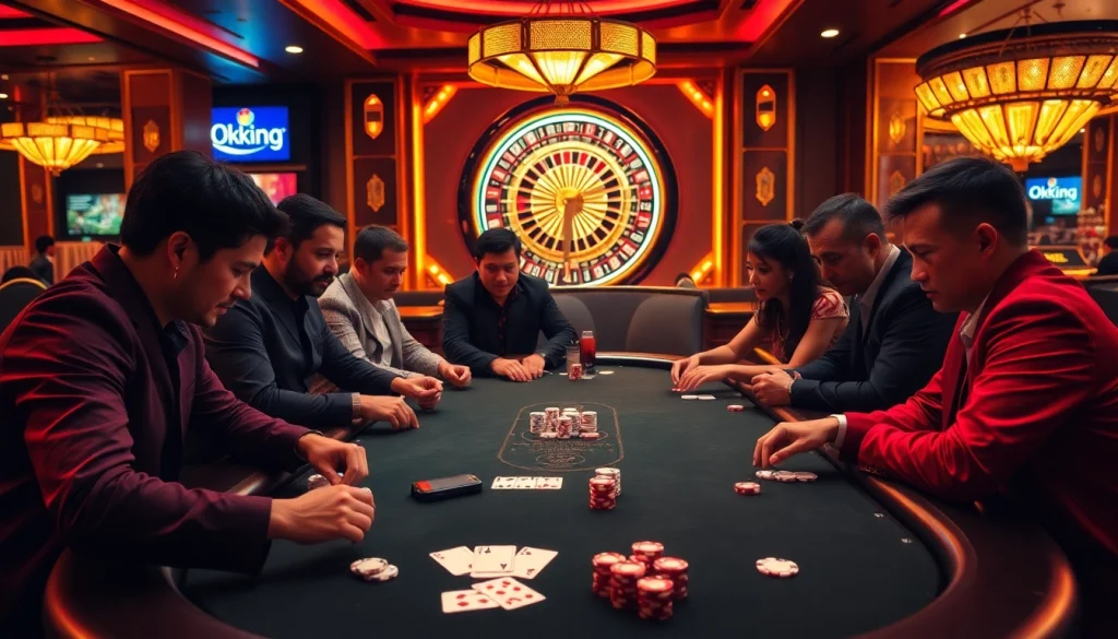 Okking captures the thrill of competitive poker with intense players and vibrant casino décor.