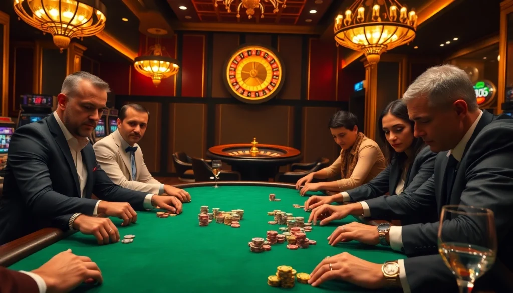 Players at an i9bet casino table engaged in a thrilling poker game, showcasing excitement and high stakes.