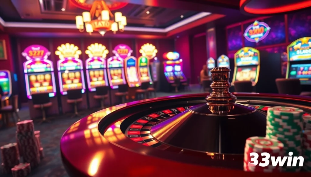 Engaged players enjoying high-stakes games at a luxurious 33win online casino, featuring roulette and cards.