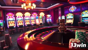 Engaged players enjoying high-stakes games at a luxurious 33win online casino, featuring roulette and cards.