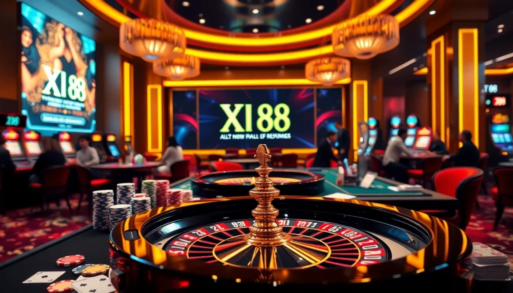 Players enjoying a vibrant gaming experience at Xin 88 casino with tables and colorful chips.