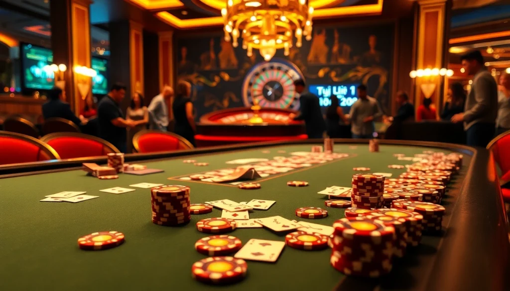 Exciting casino scene showcasing tỷ lệ cá cược on a sleek poker table with vibrant chips and cards.
