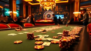 Exciting casino scene showcasing tỷ lệ cá cược on a sleek poker table with vibrant chips and cards.