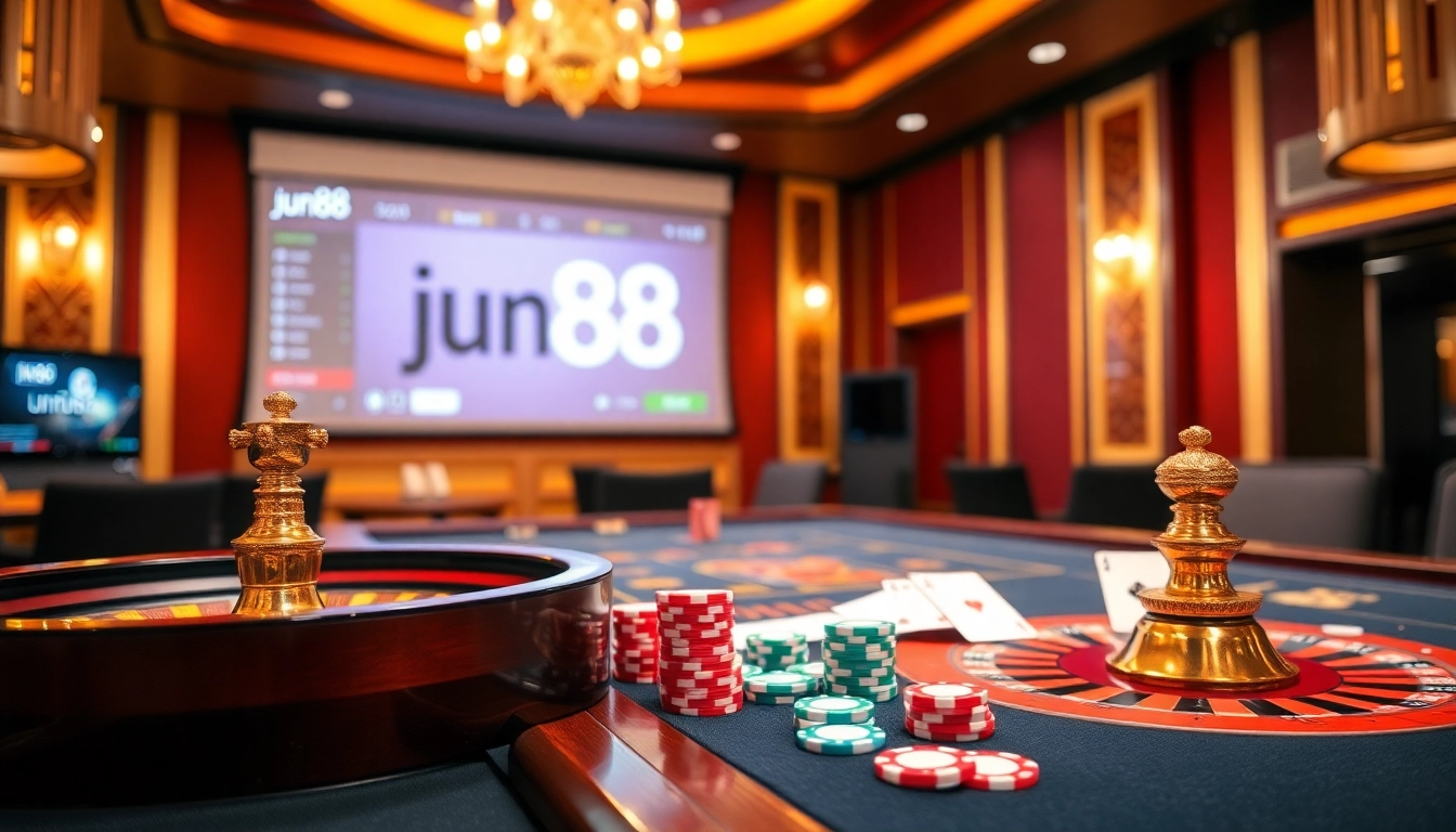 Experience the excitement of jun88 with vibrant casino gaming tables and elegant poker scenes.