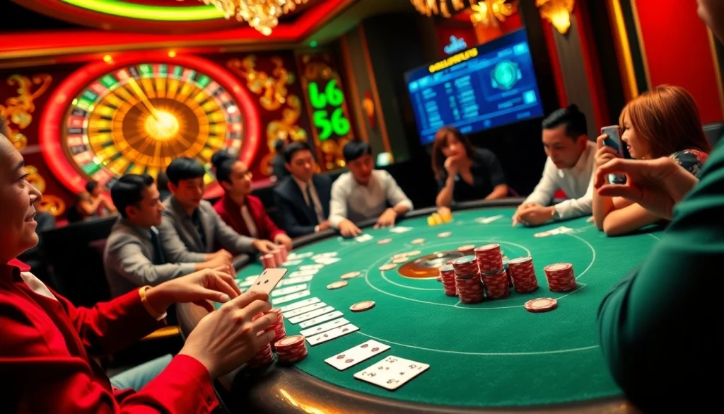 Players enjoying high-stakes poker with the 99win app, surrounded by vibrant casino elements.