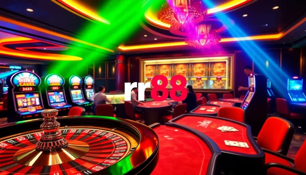 Exciting rr88 casino scene with players at roulette and poker tables.