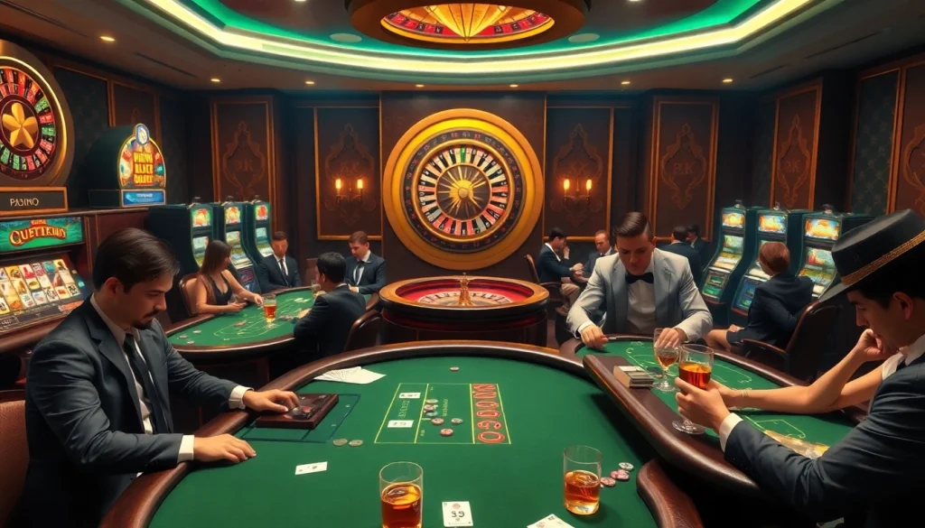 Experience high-stakes poker at https://8xxcom.app/ with elegant players, glowing slot machines, and vibrant casino tables.