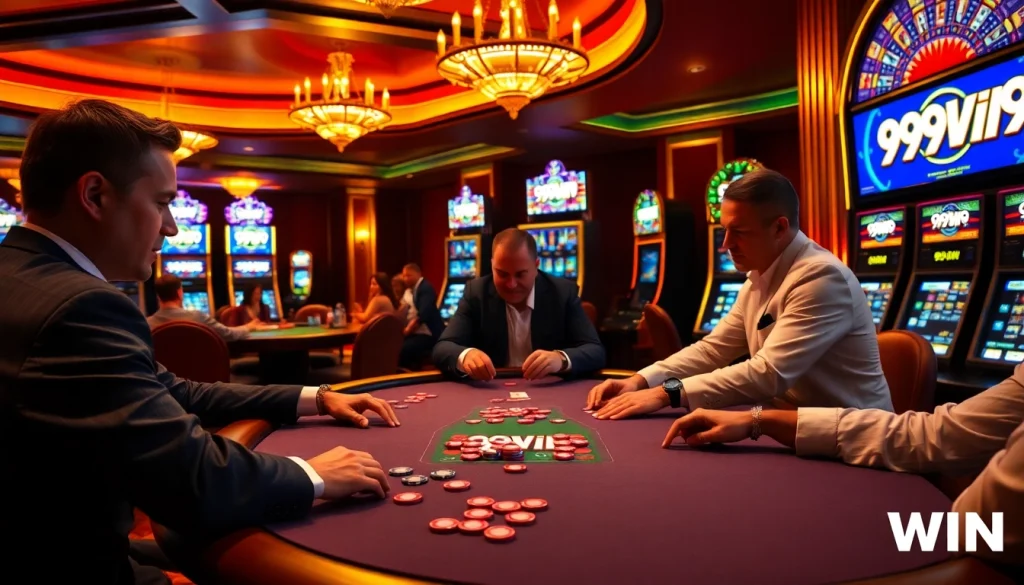 Intense players enjoying a live game at 99WIN casino table with vibrant chips and cards.