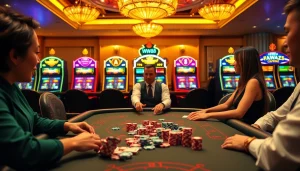 Engaged players at a WW88 online casino table with vibrant slot machines in the background.