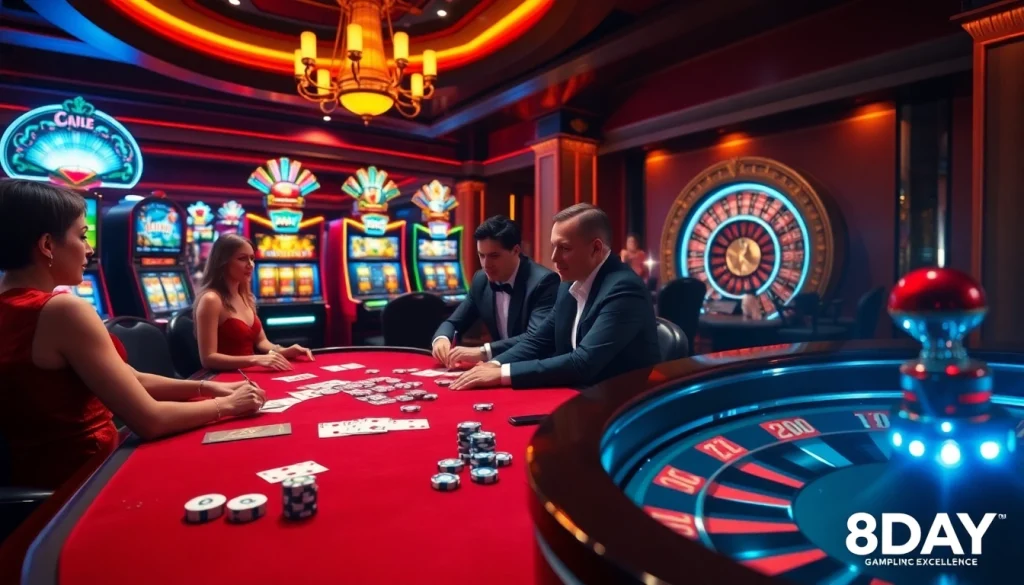 Players enjoy exciting games at the 8DAY casino, celebrating wins with chips and cards.