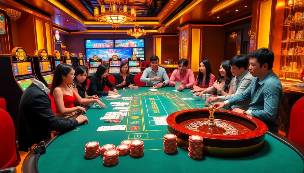 Excited players evaluate keo nha cai at a luxurious casino poker table with vibrant slot machines.