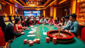 Excited players evaluate keo nha cai at a luxurious casino poker table with vibrant slot machines.
