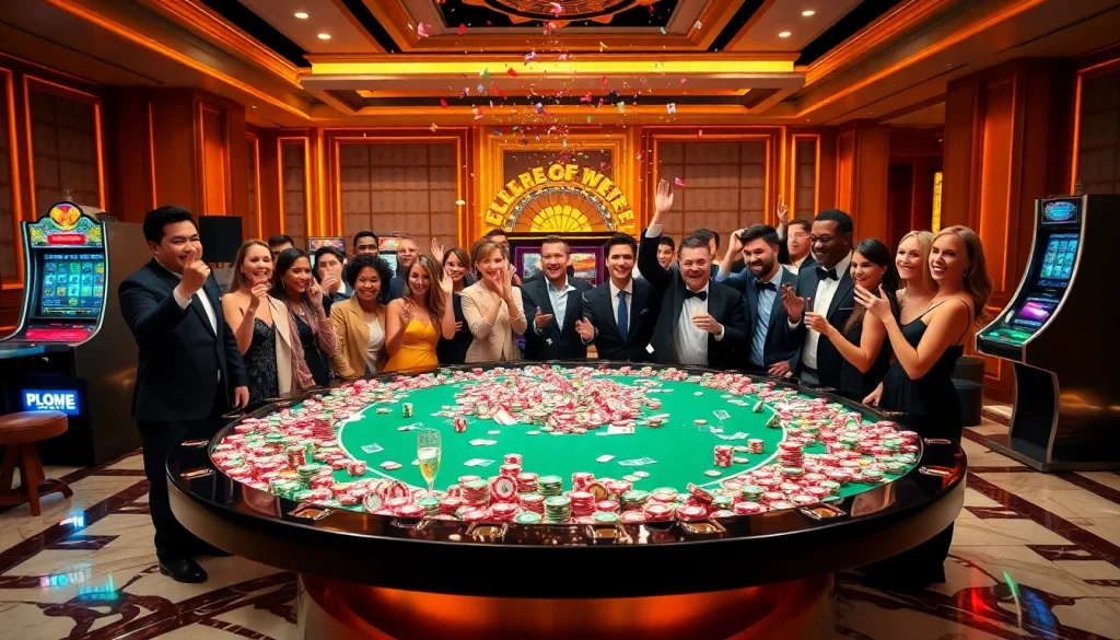 Celebrating the explosion of a prize-winning lottery with luxury gambling elements in a vibrant casino.