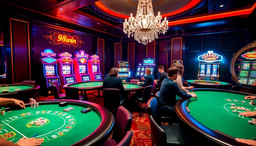 Players engaging in thrilling games at 98win casino, showcasing vibrant Blackjack and Poker action.