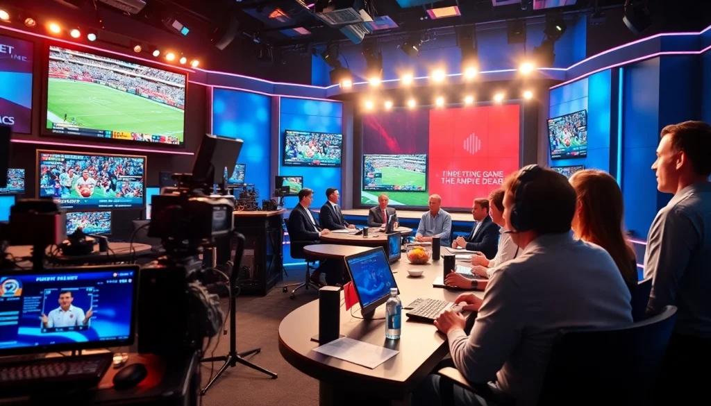 Engaging scene of Sports Broadcasting studio with broadcasters preparing for live coverage.