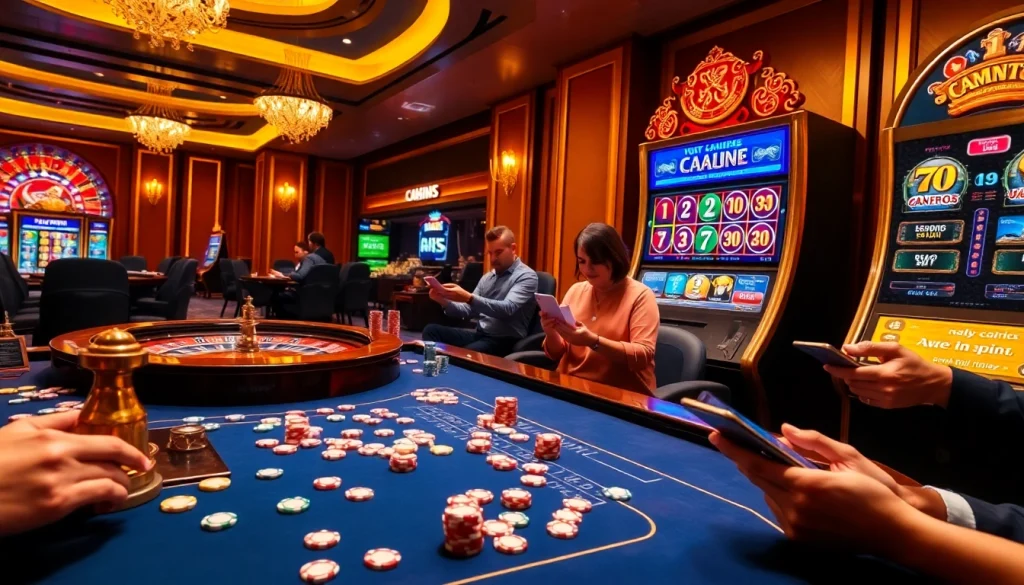 Engaging gamblers at uu88 casino with vibrant tables, chips, and slot machines.