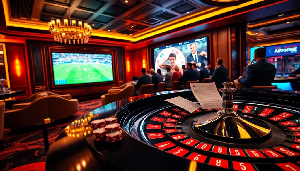 Excited gamblers enjoy live soccer streaming on Vaoluoitv in a luxurious betting lounge.