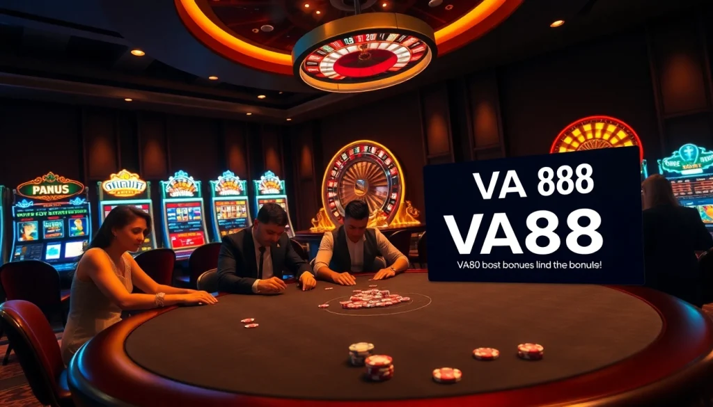 Player winning at VA88 poker table in a luxurious casino setting with vibrant lights.