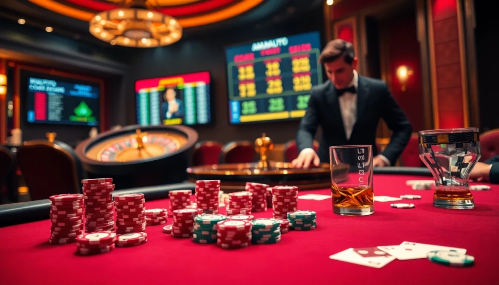 Experience the thrill of amanahtoto betting at a luxurious casino table with vibrant chips and cards.