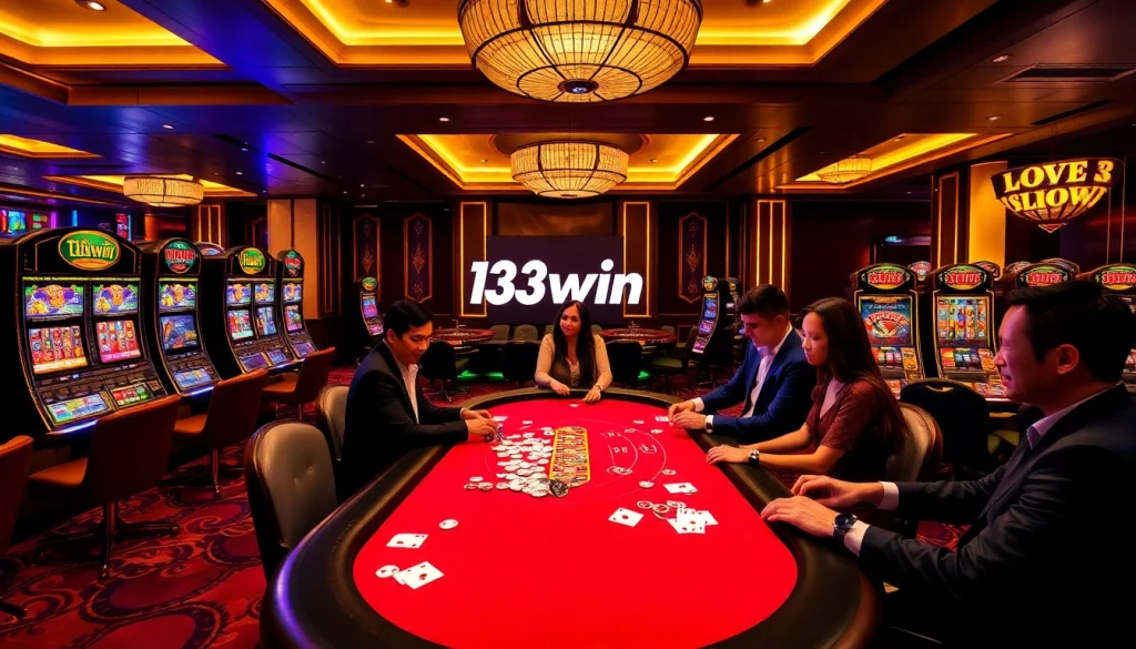 Engaging in online gaming at 13win's vibrant casino scene with poker and slot machines.