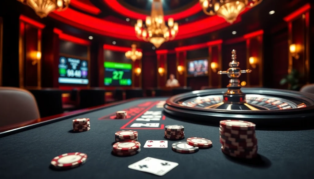 Engage in thrilling games at 99ok's luxurious casino environment with poker tables and roulette.
