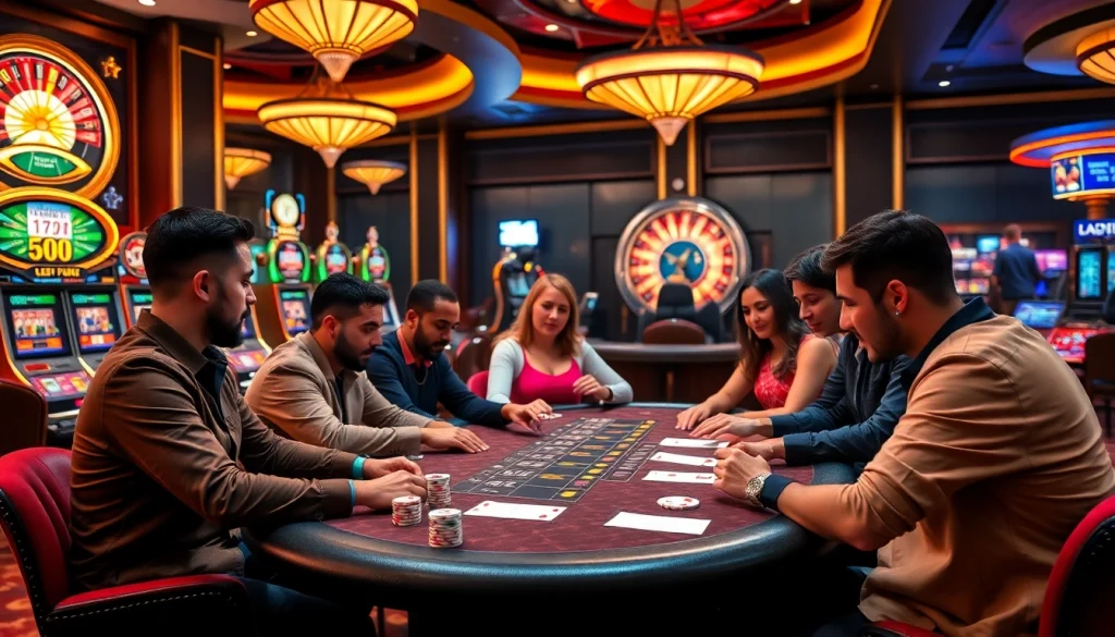 Players strategizing at a luxurious XX88 poker table in an upscale casino environment.